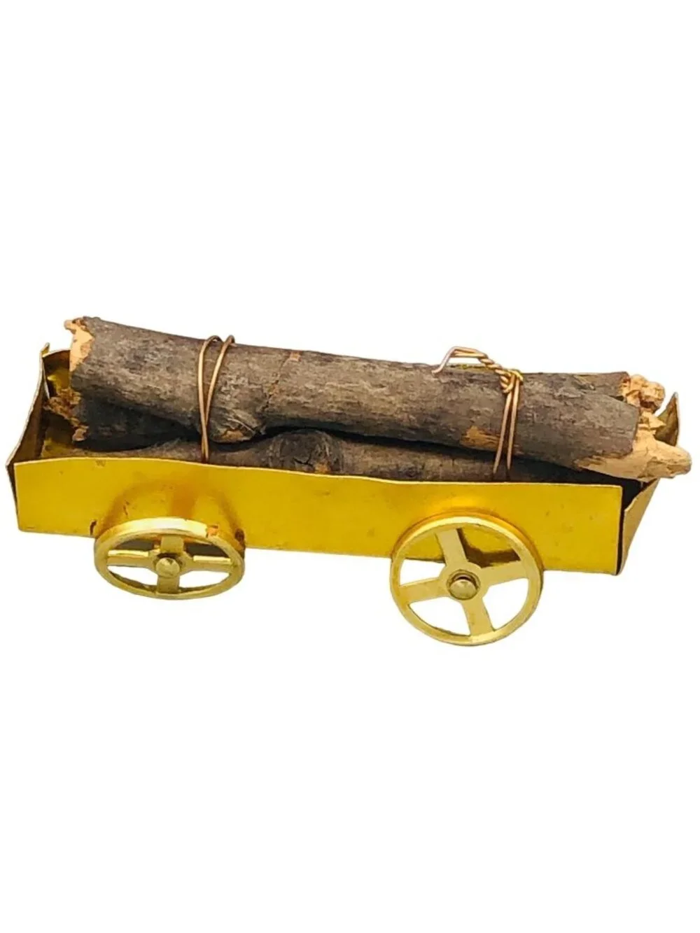 vintage ornament log wagon gold 4x1